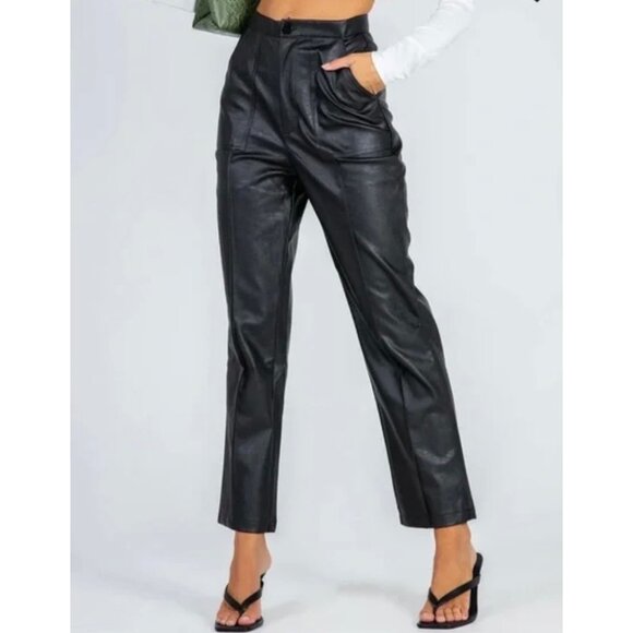 PRINCESS POLLY Solid Encore Black Faux Leather Ankle Straight Leg Pants Size 12 - Picture 1 of 8